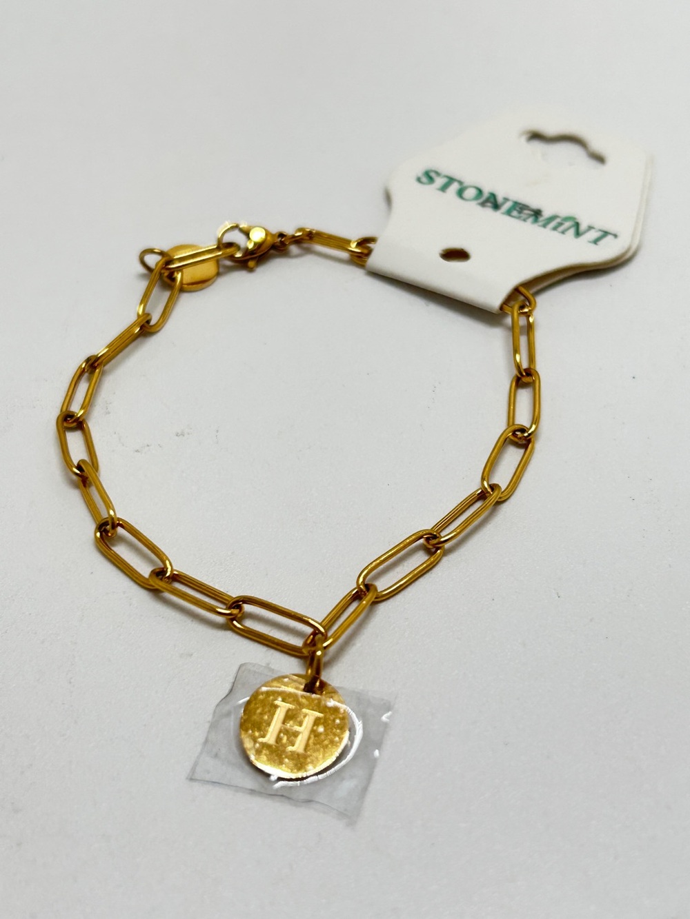Stonemint, Gold Paper Clip Link Bracelet With Initial Letter “H” Charm, NOC